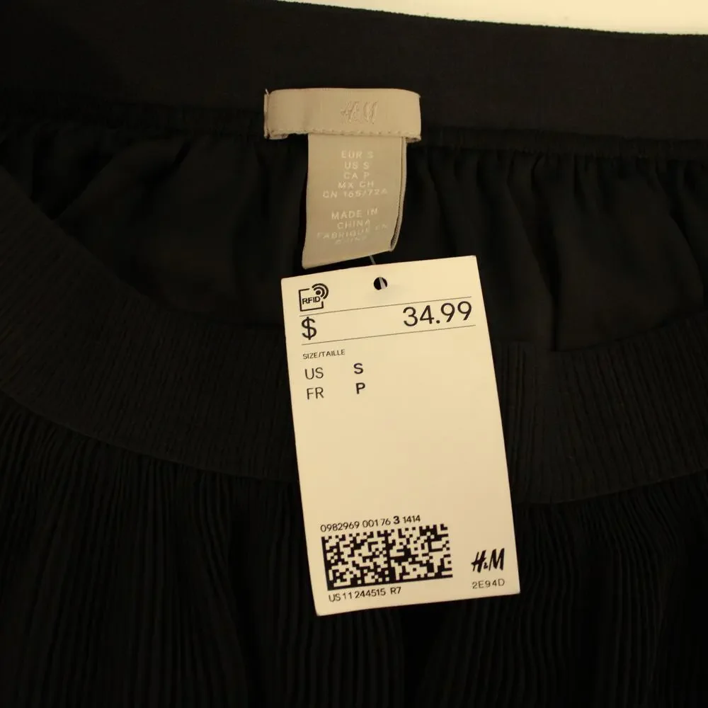 H&M Women's Black Pleated Lined Midi Skirt Elastic Waist Lined Size Small NWT